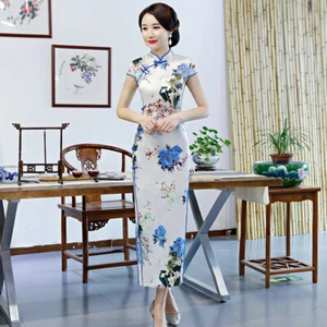 Summer Women Slim Printing Cheongsam Chinese Retro Cheongsam Banquet Dress Gown - Picture 1 of 9