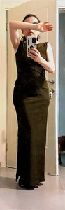 Shiny khaki green side slit open back maxi evening pencil dress details size S-M - Picture 1 of 10