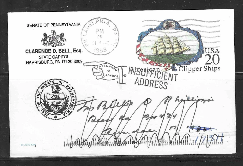 US Sc# UX 220 , medium pointing hand auxiliary marking "Return To Sender " PA - Image 1 of 2