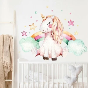 Watercolor Baby Unicorn Rainbow Stars Removable Wall Fabric Decal Set Room Decor - Bild 1 von 6
