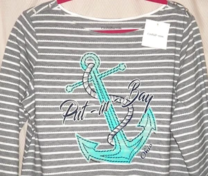 Croft & Barrow 3/4 Sleeve Knit Top Sz XL Black/White/Stripe/Teal Anchor/Ohio NWT - Picture 1 of 11