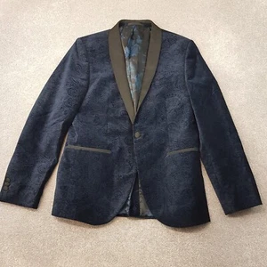 Next Mens Jacket 40R Blue Slim Velvet Tuxedo Smoking Blazer Satin Lapels Paisley - Picture 1 of 14