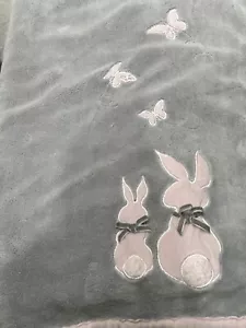 Koala Baby Bunny Rabbits & Butterflies Gray w Pink Embroidery Baby Blanket - Picture 1 of 6
