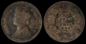 1895 Queen Victoria India Silver 2 Annas Coin KM488 World Tone Coin - Picture 1 of 3