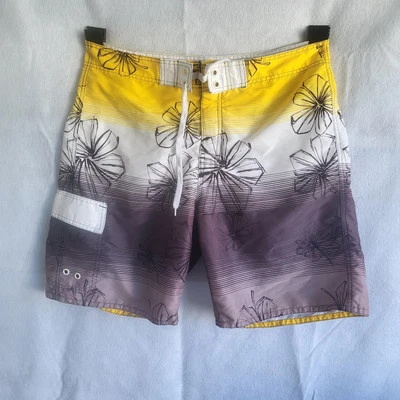 mens large joe boxer swim trunks shorts yellow black white floral - Image 1 of 4