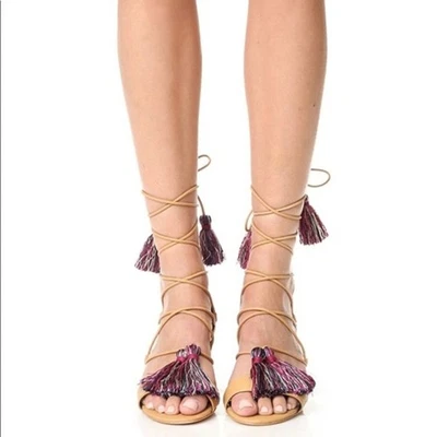 Rebecca Minkoff Isla Natural Vachetta Tassel Block Heel Sandals Tan NEW 8.5 - Image 1 of 4