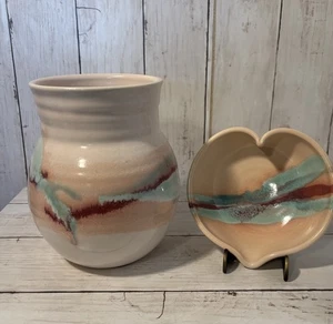 Juego de 2 jarrones y platos de corazón esmaltados de cerámica Aria Studio años 80 90 suroeste - Imagen 1 de 19