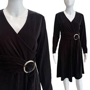 Vestido Talbots Terciopelo Midi Talla 6 Negro Felpa Terciopelo Anillo Cinturón Imitación Envoltura Evento - Imagen 1 de 14