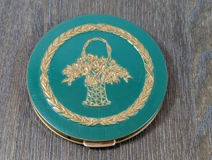 VTG Art Deco Compact Green Enamel Gold Tone Metal Flower Basket Powder Vanity - Picture 1 of 12