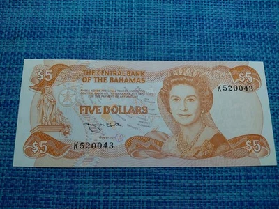 🇧🇸 Bahamas 5 dólares P-45b AU nítidos Smith 1974 (1986) billetes 111425-16 Foto 1 de 2