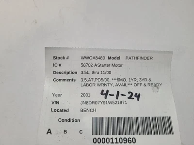 Motor de arranque a través de 11/00 compatible con 01 INFINITI QX4 1874820 Foto 1 de 4