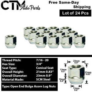 24Pc ZINC 7/16-20 OPEN END BULGE ACORN WHEEL LUG NUTS FIT VINTAGE CHEVY GMC - Picture 1 of 2