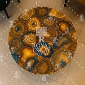 15” Golden Brown Agate Round Side Table | Handmade Natural Agate Luxury Accent - Picture 1 of 16