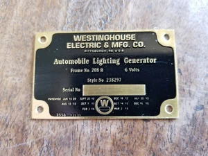 Westinghouse Automobile Lighting Generator acid etched brass data plate - Picture 1 of 1