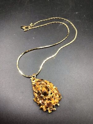 Brutalist Tiger Eye Pendant Necklace Gold Tone Drop Shaped Stones Pendant - Image 1 of 4