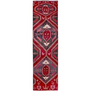 Alfombra de corredor anudada a mano de lana zoroástrica vintage roja de 2'7"x9'5" R646 - Imagen 1 de 7