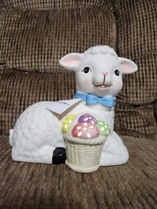 Mr. Cottontail Lamb W/ Easter Egg Basket Table Decor Lit Ceramic Nostalgic 10in - Picture 1 of 12