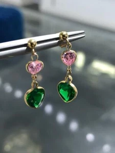 14k Yellow Gold Simulated Pink Sapphire & Green Emerald Dangle Halo Earrings - Picture 1 of 7