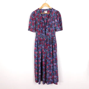 Vintage Laura Ashley Purple Red Floral Midi Dress Size 8 Cottagecore 1990's - Picture 1 of 5