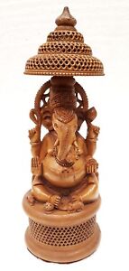 12 Inches Lord Ganesha Wooden Statue Hand Carved Hindu Religious Idol For Home
