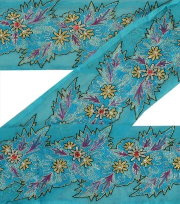 Borde de sari vintage sánscrito con cuentas artesanales adornos decoración encaje 3,5 W azul cielo Foto 1 de 4