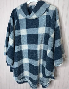 Lane Bryant Womens SWEATER 18 20 3X OVERSIZE Blue Checked Cowl Neck Fleece - Picture 1 of 12