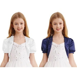 Girls Top Applique Bolero Short Shrug Basic Shirts Sleeve Camisole Shiny Crop - Picture 1 of 33