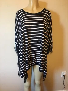 NWT Talbots Navy Blue And White Striped Fringe Pull Over Shawl Womens Size Large - Picture 1 of 7