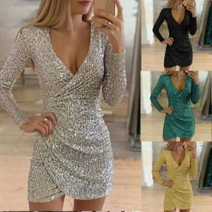 Minikleider Damen Pailletten Damen Ballkleid Weihnachten Abend Partykleid Bodycon - Bild 1 von 23