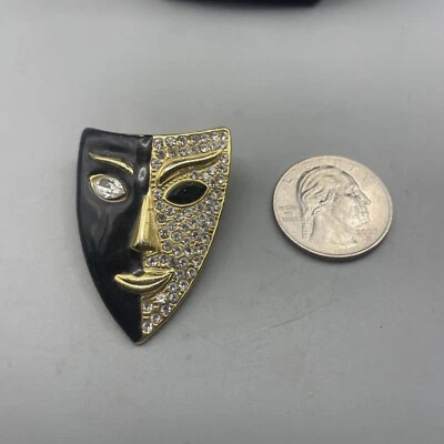Broche de máscara/arlequín vintage esmalte negro color oro metal y diamante Foto 1 de 2