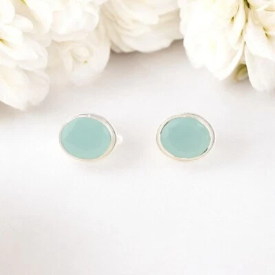 Aqua Chalcedony Gemstone 925 Sterling Silver Jewelry Partywear Cufflinks 0.59" - Image 1 of 4