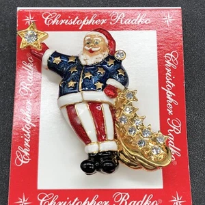 Vintage Christopher Radko patriotischer Weihnachtsmann Emaille Strass Anstecknadel Brosche - Bild 1 von 8