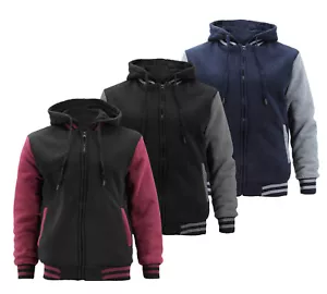 Men's Varsity Two Tone Sherpa Lined Full Zip Fleece Hooded Sweatshirt Jacket - Picture 1 of 10