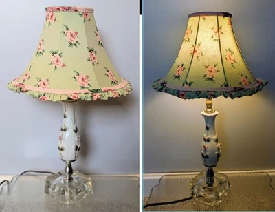 Mid Century Porcelain Boudoir Lamp & Green Shade Floral Motif with Glass Base - Image 1 of 4