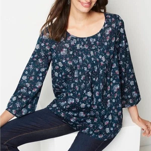 J.jill Pintucked Floral Cotton Top In Peacock Folkloric Vine Peasant Blouse - Picture 1 of 6