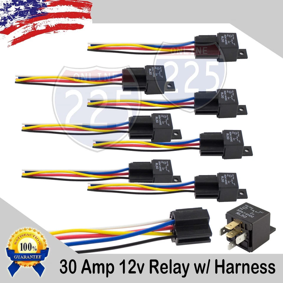 12 Volt 30 AMP SPDT Automotive Marine Relay with Wire Harness Socket (8 pack)  - Image 1 of 1