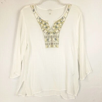 Women's XL Embellished Yoke Sequin Split Neck Blouse Cream Sheer 3/4 Sleeve - Image 1 of 4
