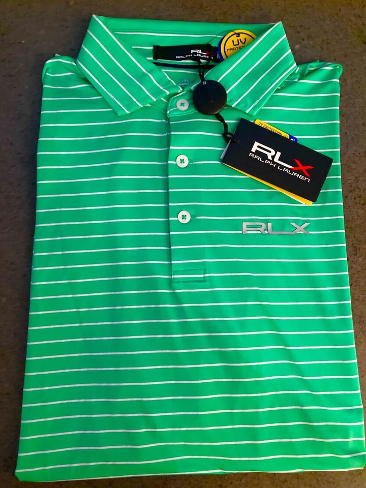 Ralph Lauren Polo RLX Golf Shirt Stretch Striped Men White Wicking Green L.