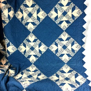 Goose tracks quilt blue cream red queen prairie point edge 95 x 86 handmade - Picture 1 of 11