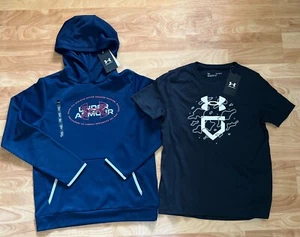 NWT Lot of 2 Under Armour Boys Navy Hoodie and Black T Shirt Size Youth Large - Picture 1 of 16