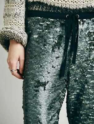 Free People Sm Scintillating Sequin Jogger Cropped Pants Leggings Gunmetal Gray - Image 1 of 4