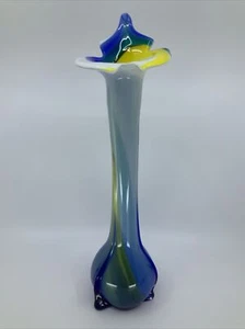 VTG Hand Blown Art Glass Jack In The Pulpit Vase White Blue Yellow Swirl 15 3/4" - Picture 1 of 11