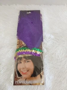 Mardi Gras Flapper Headband W/Purple, Green & Gold Sequins And Purple Feather  - Picture 1 of 3