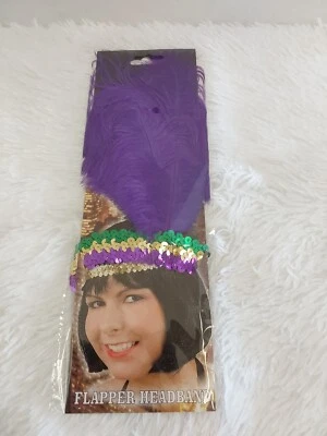 Mardi Gras Flapper Headband W/Purple, Green & Gold Sequins And Purple Feather  - Image 1 of 3