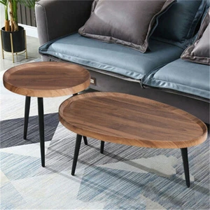 2-Piece Retro Farmhouse Living Room Coffee Table Walnut Oval Accent Center Table - Picture 1 of 12