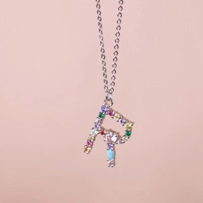 18k white gold made with SWAROVSKI crystal Letter R multi color pendant necklace - Image 1 of 4