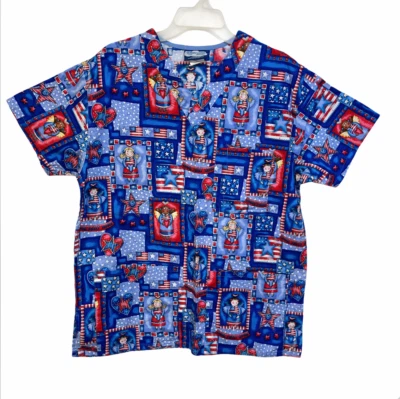 Scrub Shirt Primitive Angels Blue Stars Flag  Fourth of July Patriotic Sz Medium - Image 1 of 4