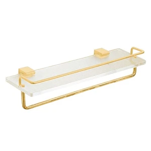 Élégant miroir de salle de bain doré étagère murale devant avec verre tremp - Picture 1 of 7