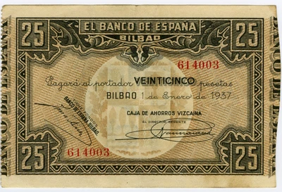☆ SPAIN CIVIL WAR 1937 • 25 PTS. BILBAO • EUZKADI ☆ GUERRA CIVIL ESPAÑOLA ☆D0614 - Image 1 of 2
