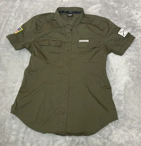 Camisa con parche de bandera americana verde oliva con botones mediana estilo Grunt para mujer - Imagen 1 de 7